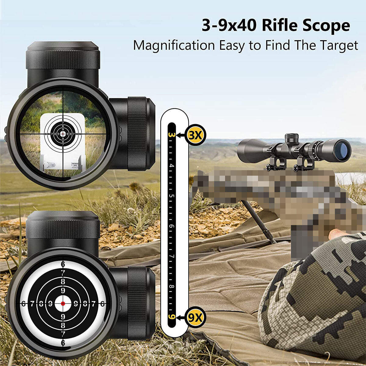 3-9X40mm with Mil Dot Crosshair, 1-Inch Mount, Hunting Optics