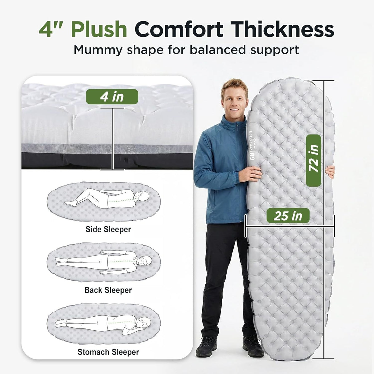 Ultralight Camping Sleeping Pad with 9 R-Value, 4-Inch Thick