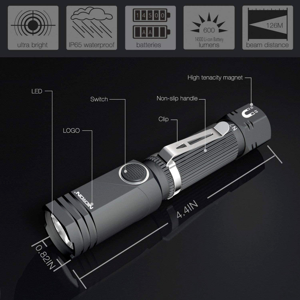600 Lumens Tactical Waterproof Flashlight - 2 Pack, 90° Rotatable, IP65 LED