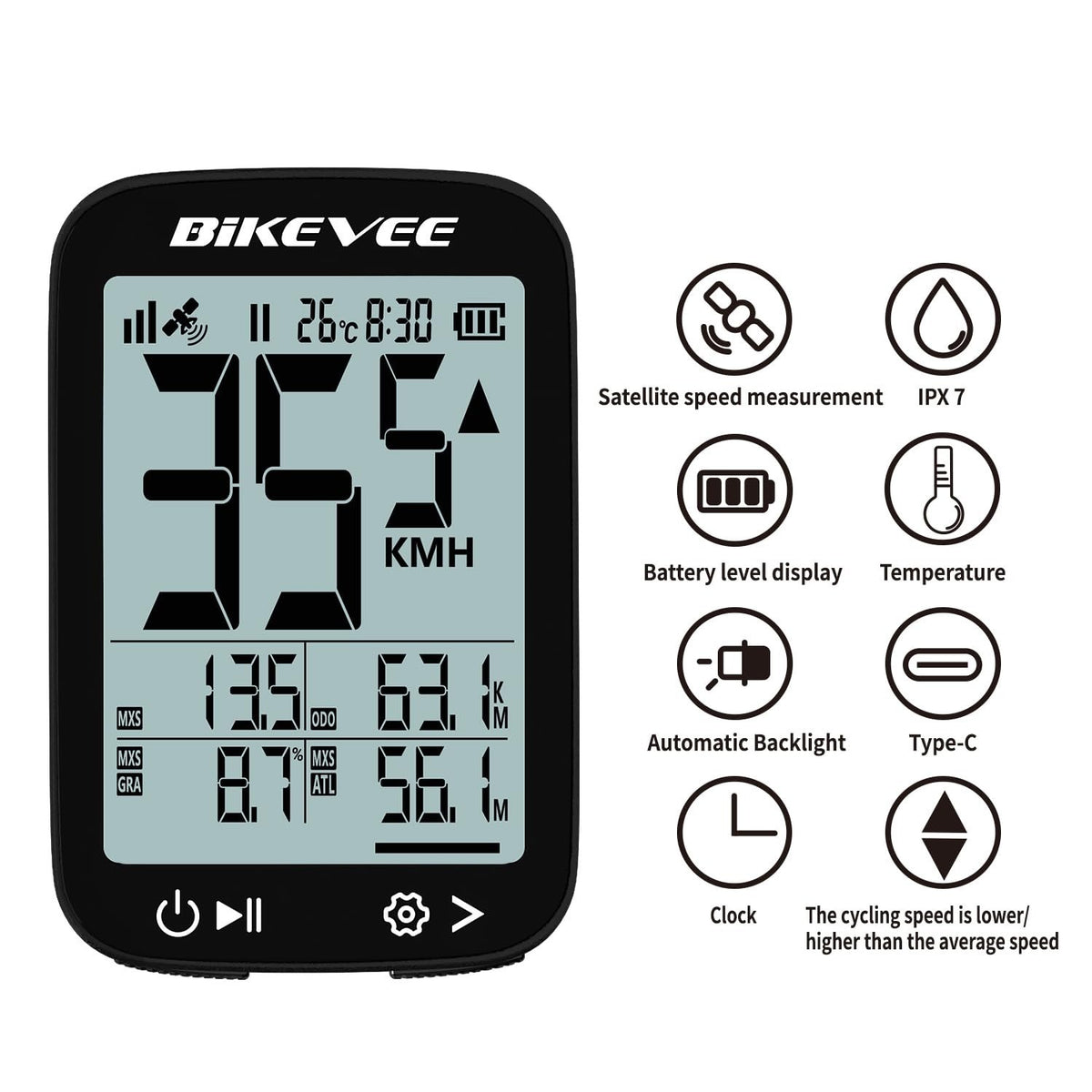 Wireless GPS Bike Computer with 2.4-Inch LCD Waterproof Cycle Speedometer