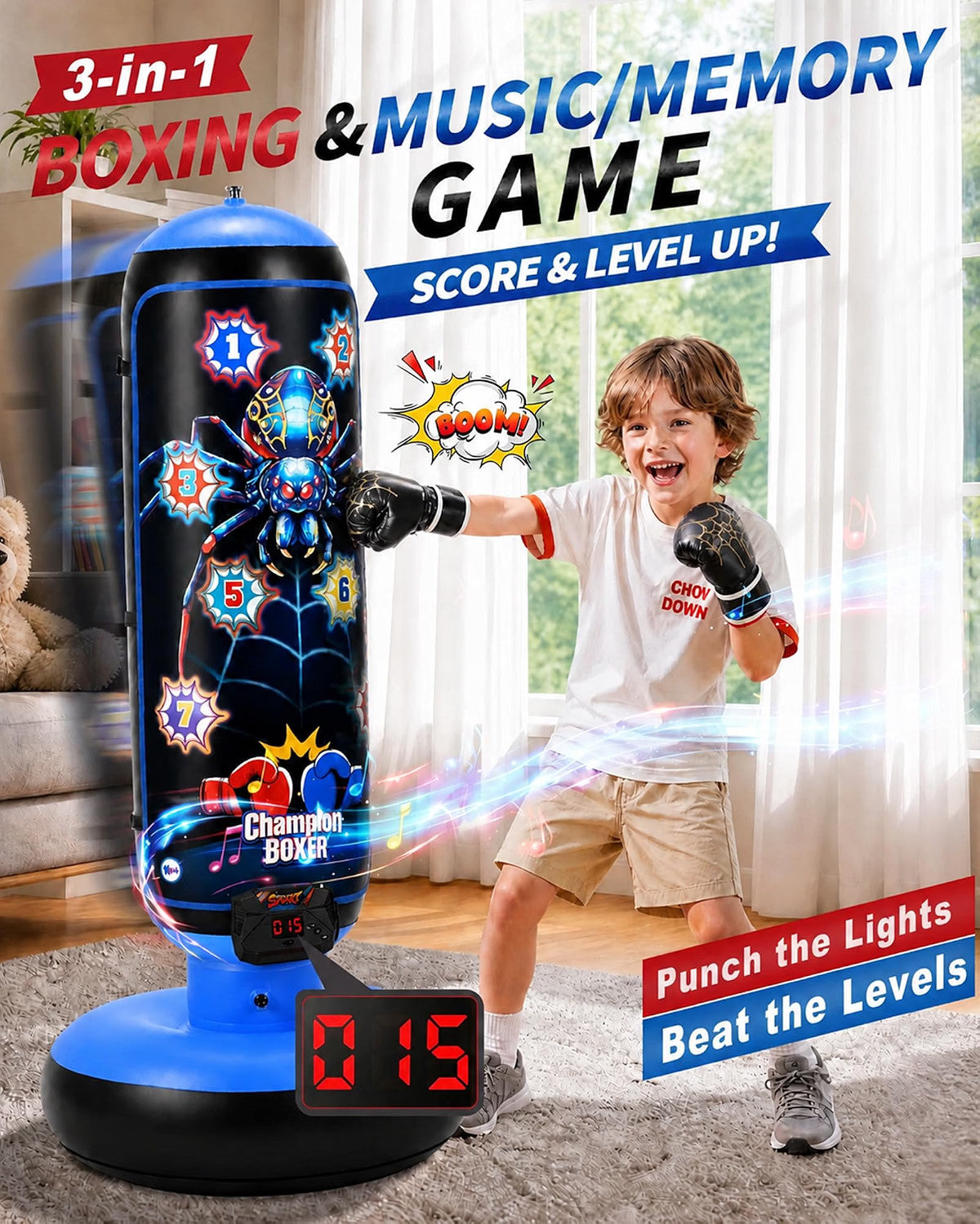 Kids Inflatable Punching Bag with LED Lights and Music, 51 Inches