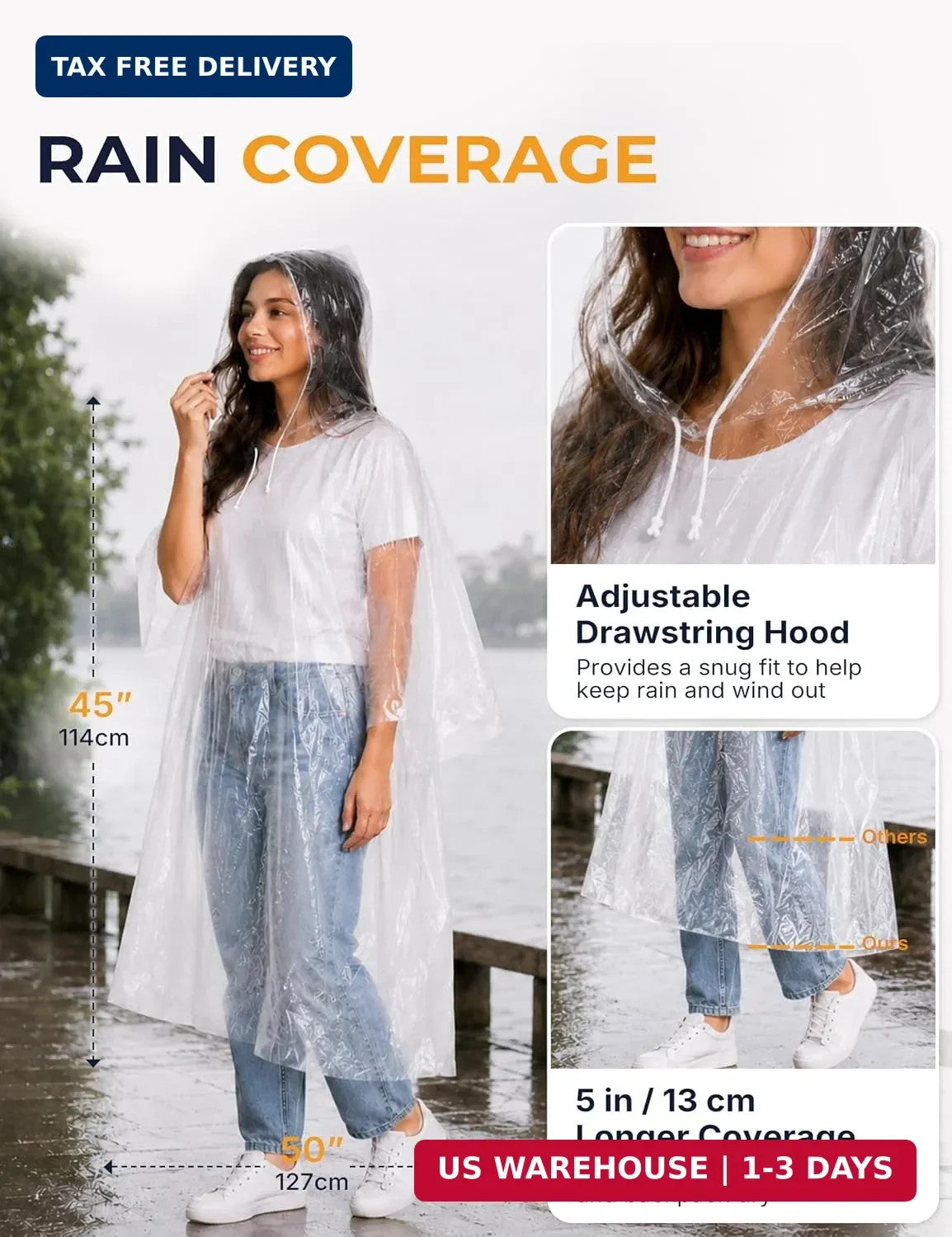 Disposable Rain Ponchos for Adults, Extra Long & Thickened with Drawstring Hood (5 Pack)