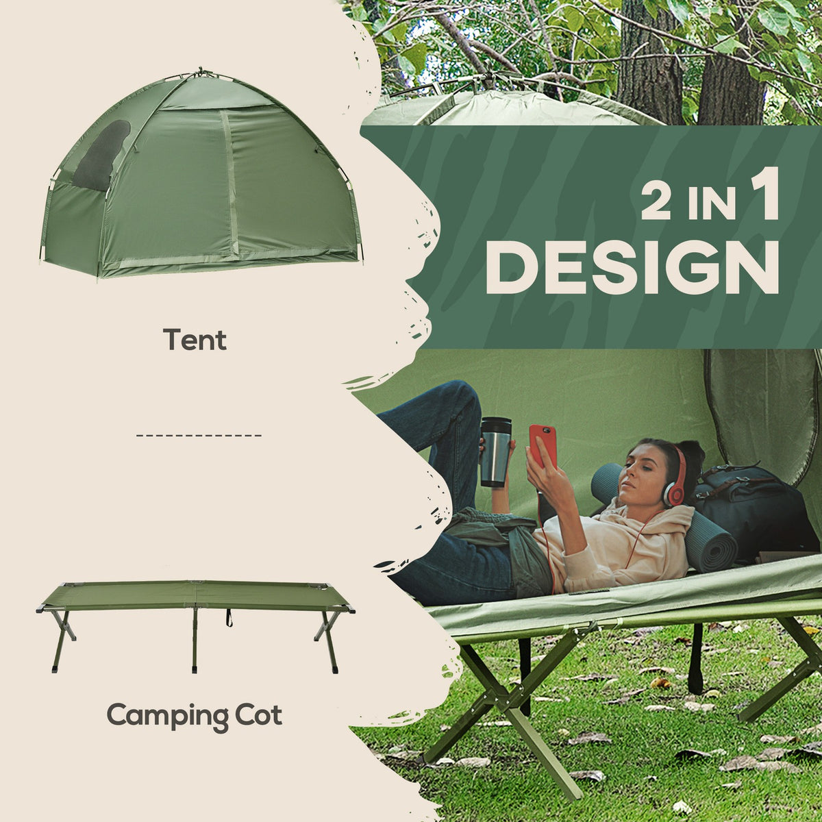 Single Person Camping Tent Cot Combo - Portable Foldable Tent and Cot in Green