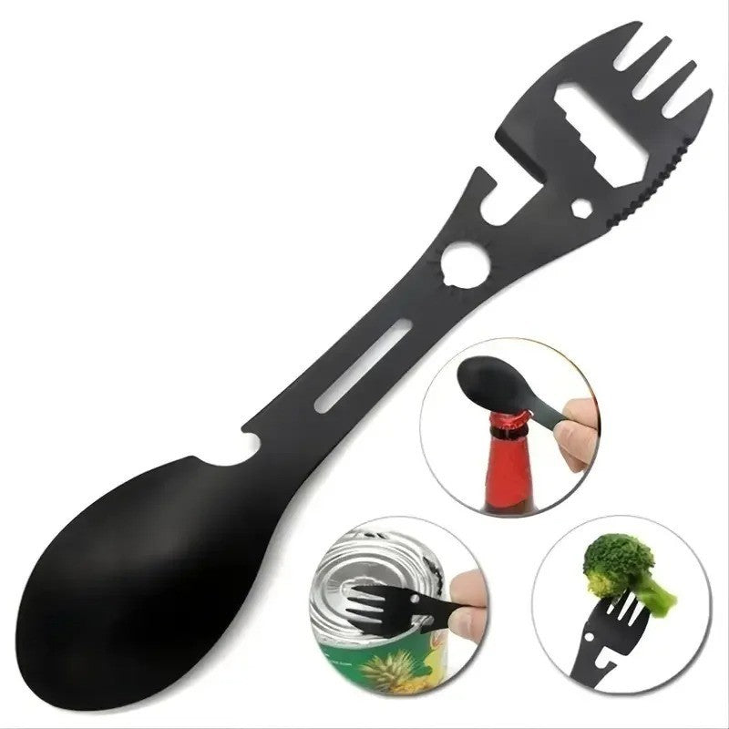 Multifunctional Camping Fork Spoon with Bottle Opener Stainless Steel 17.5cm