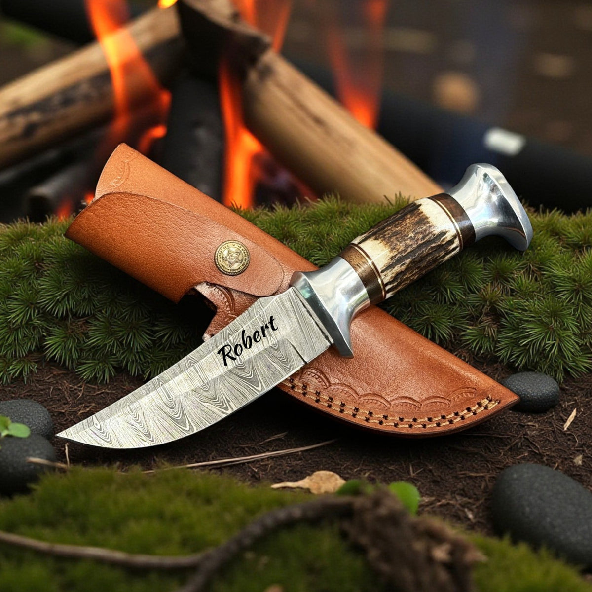 Personalized Damascus Steel Hunting Skinning Knife with Deer Antler Handle