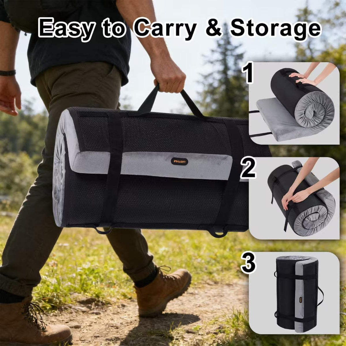 Memory Foam Camping Mattress Pad - 3 Inch Portable Sleeping Pad for Hiking & Travel