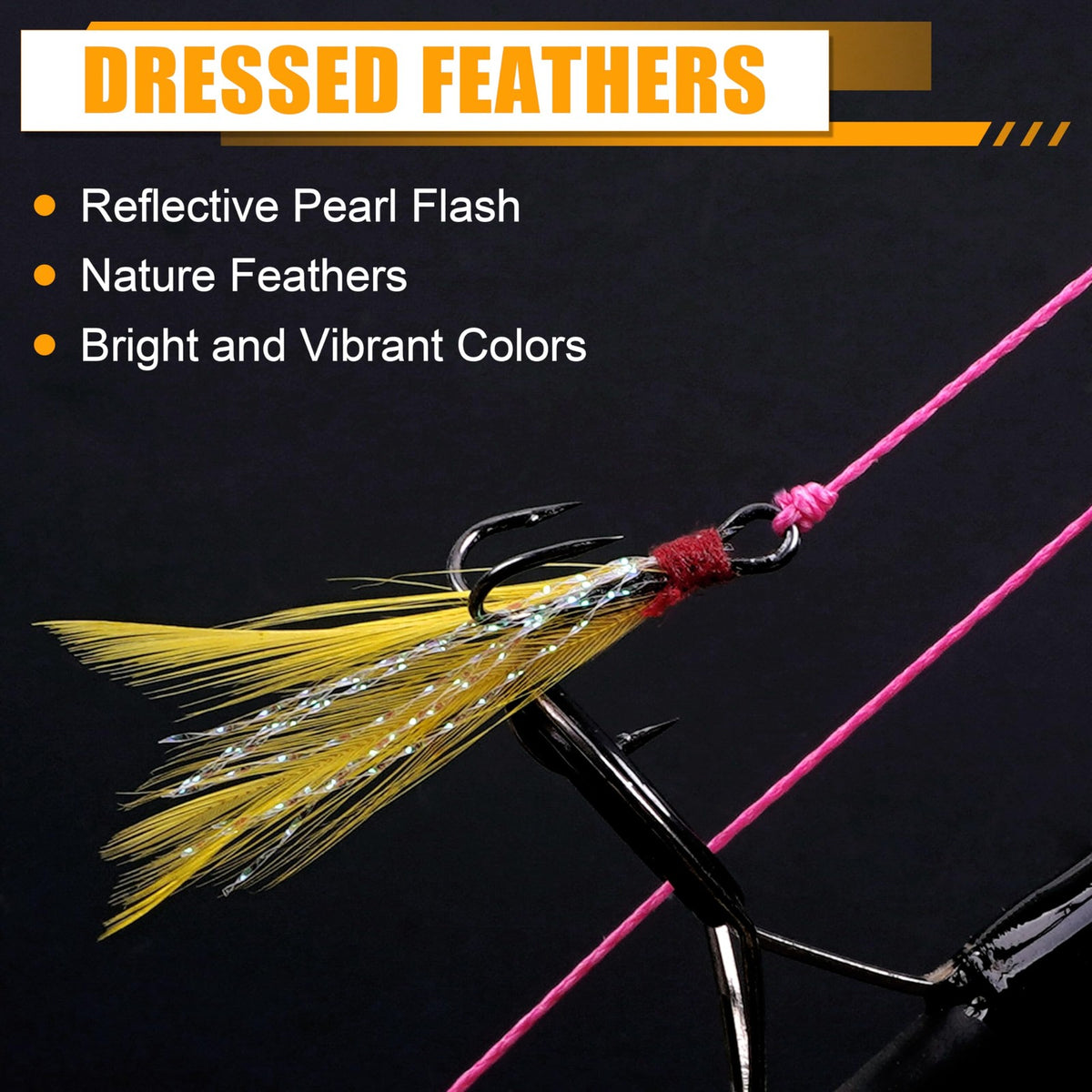 Fishing Treble Hooks Kit 50pcs Feathered Dressed Round Bend Saltwater & Freshwater