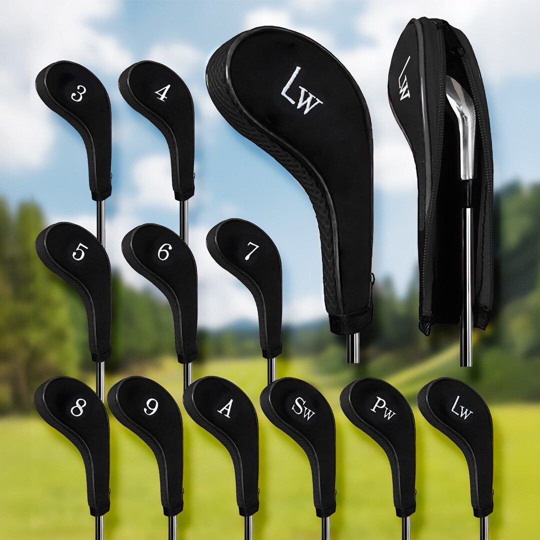 Golf Iron Head Covers 11-Piece Set Zippered Protects Clubs Left & Right Handed Black