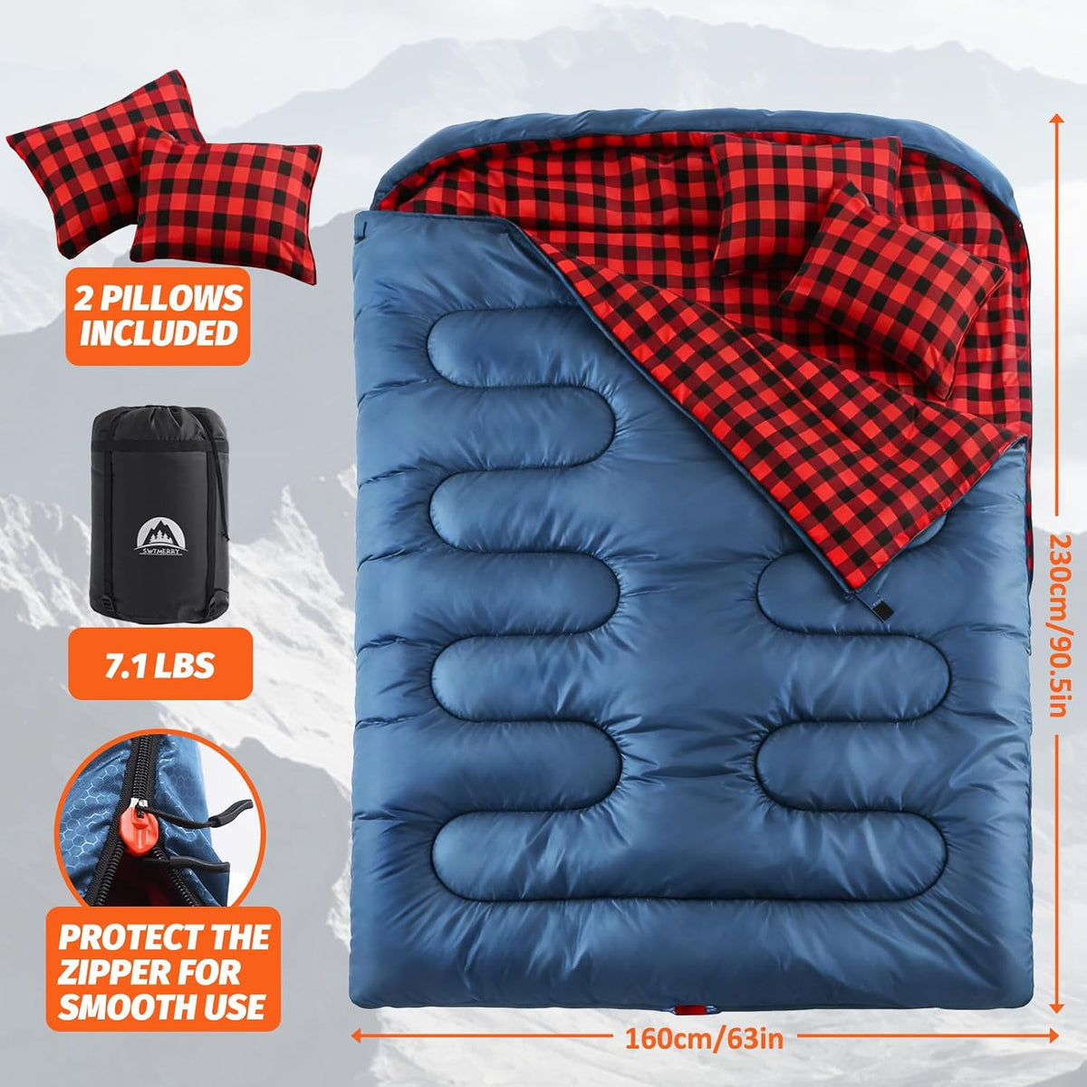 Double Sleeping Bag for Adults with 2 Pillows XL Queen Size Waterproof Camping Bed
