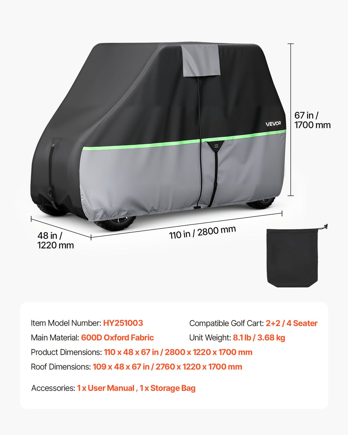 Golf Cart Cover Full Enclosure for 2+2/4 Passenger Carts - Durable 600D Oxford