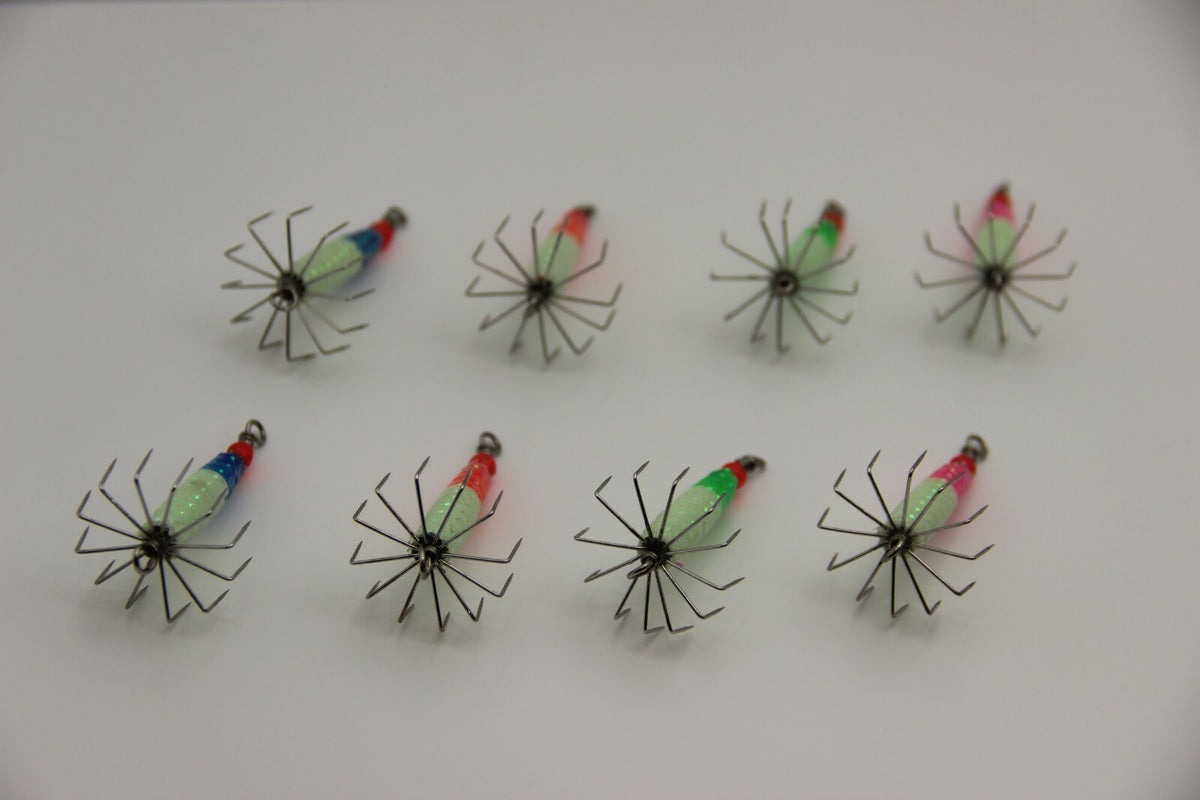 8 Pcs Puget Sound Squid Jig Set - 1/3 oz Glowing Multi-Color Fishing Lures