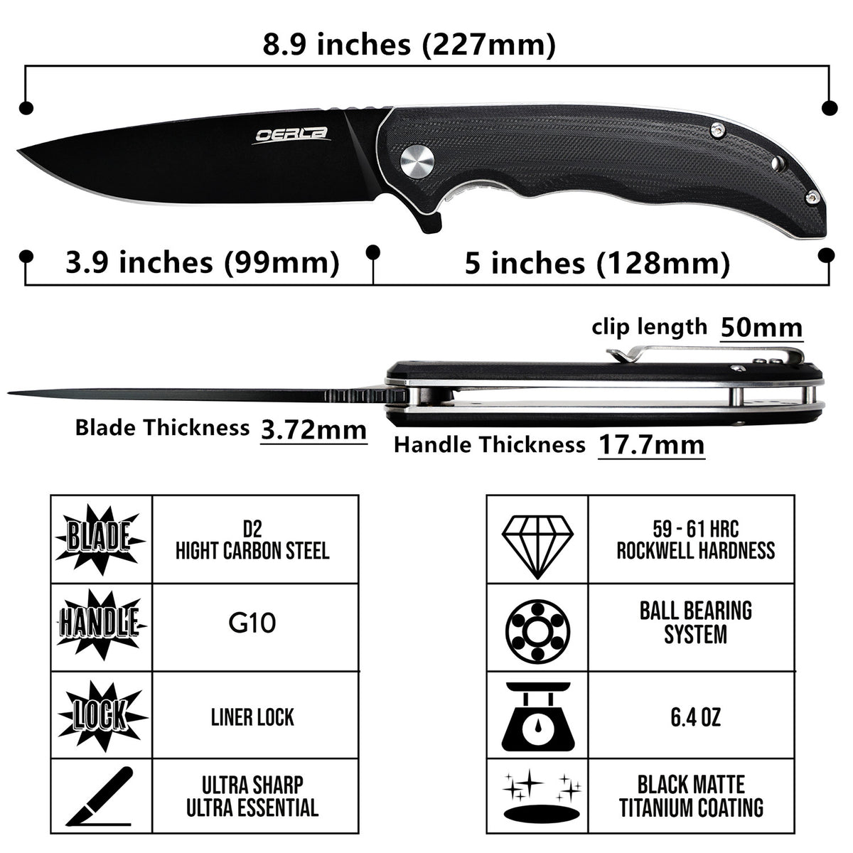 Folding Pocket Knife with D2 High Carbon Steel and Black Titanium Coating - 8.9 Inch