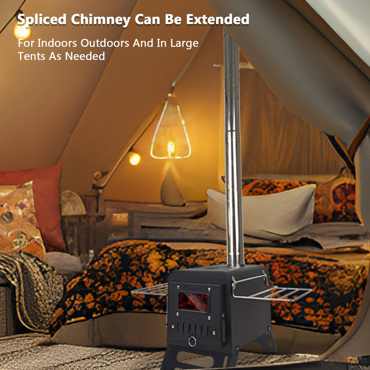 Wood Burning Tent Stove with Air Vent Control - Carbon Steel Portable Heater