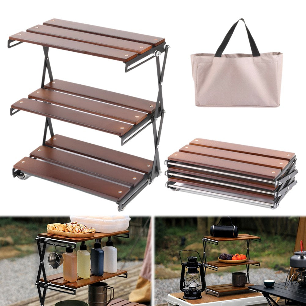 3-Tier Portable Camping Storage Rack Foldable Wooden Countertop Organizer