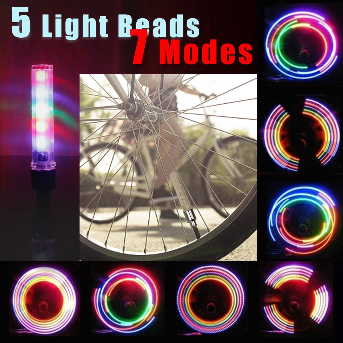 Waterproof LED Bicycle Rim Lights 2 Pack with 7 Modes for Wheel Valve