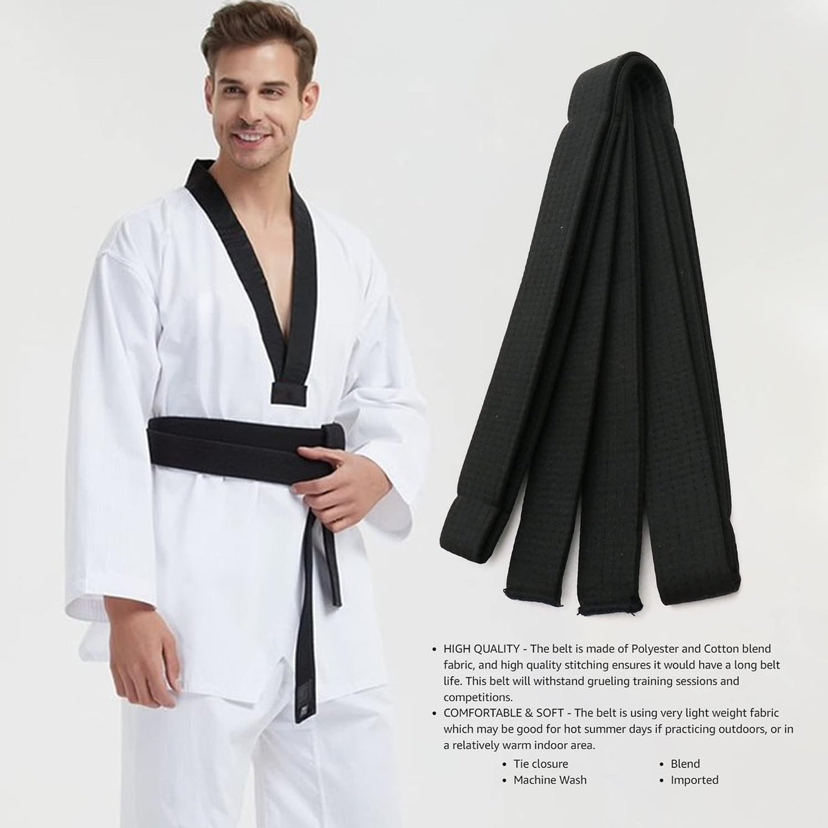 8.6ft Black Martial Arts Belt for Karate Taekwondo Judo Double Wrap