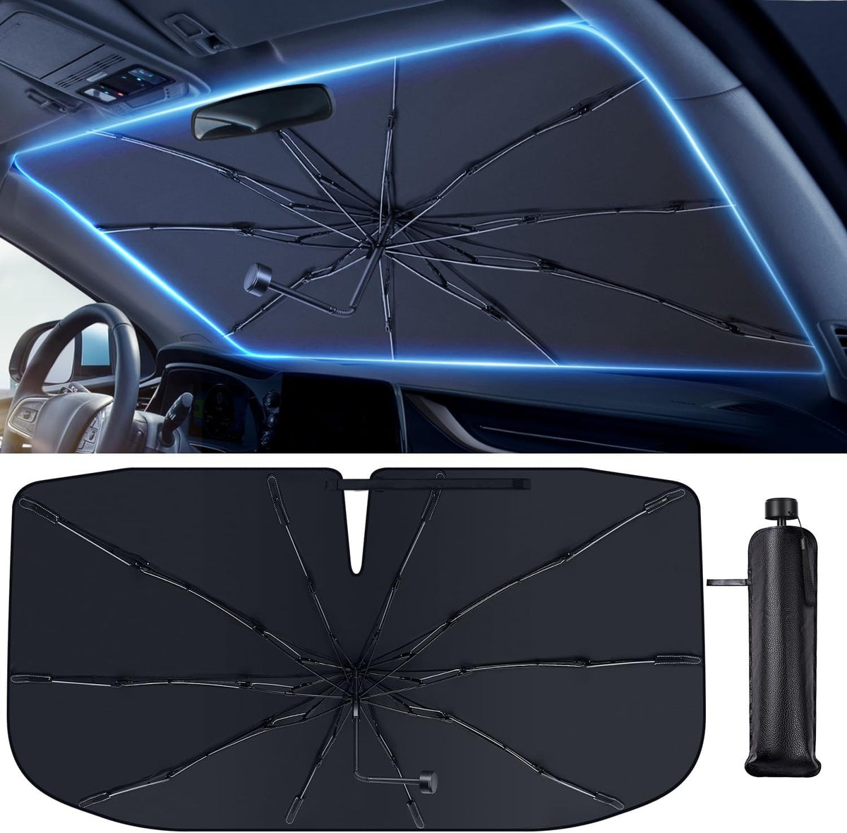 Foldable Car Windshield Sun Shade Umbrella for Front Windows - Large UV Blocker