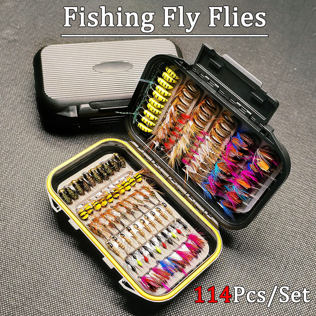 114Pcs Fly Fishing Lure Set for Trout Bass Salmon Steelhead with Box