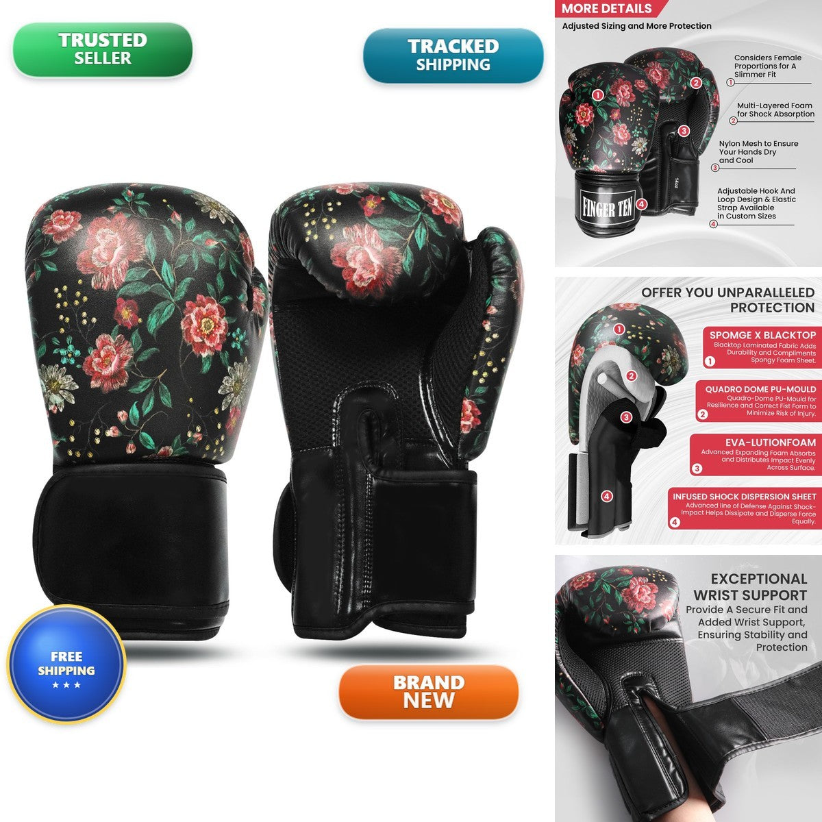 Women’s Boxing Gloves 8-16 oz with Stylish Flower Leaf Pattern - 12 oz