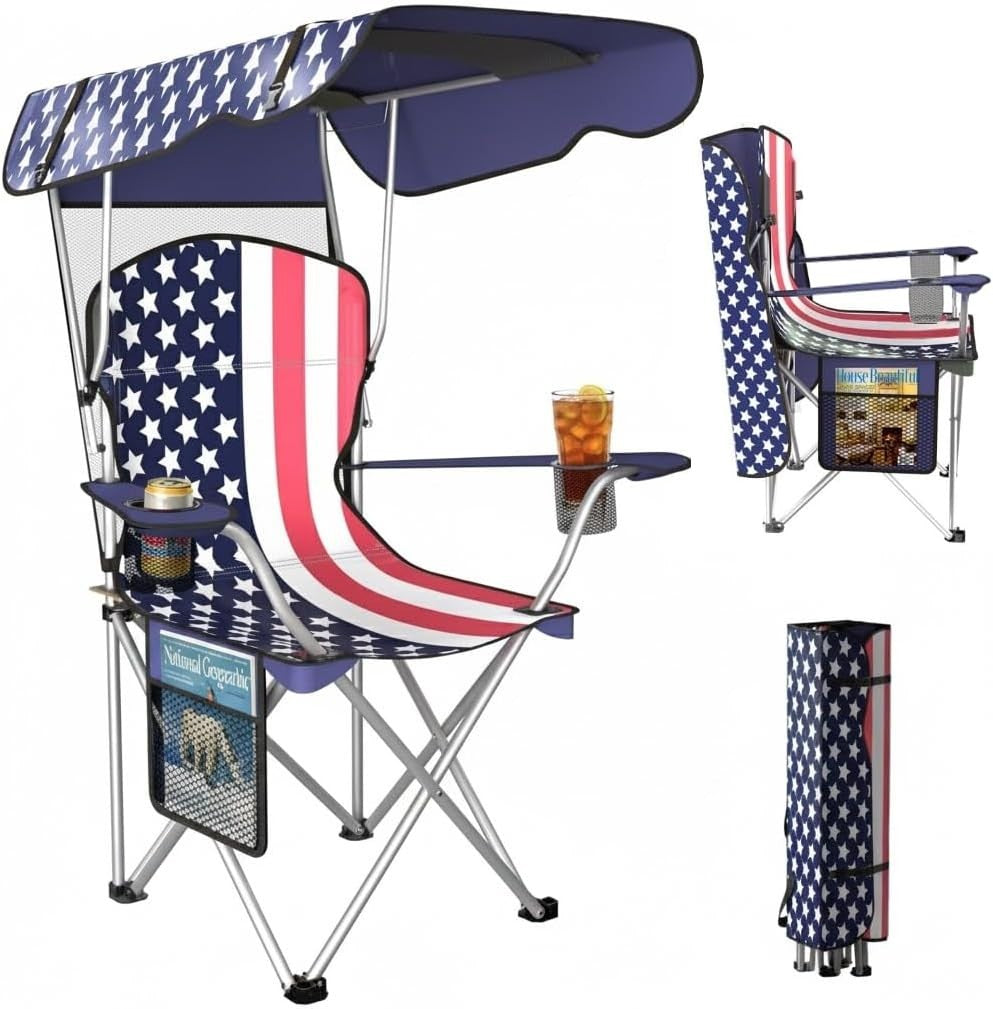 Portable Camping Chair with Canopy Sun Shade and Carrying Straps