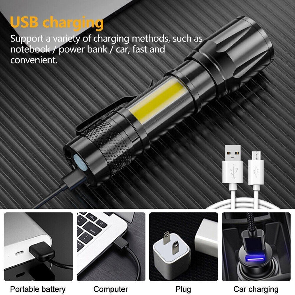 Rechargeable LED Flashlight Torch with Zoomable COB Light for Camping
