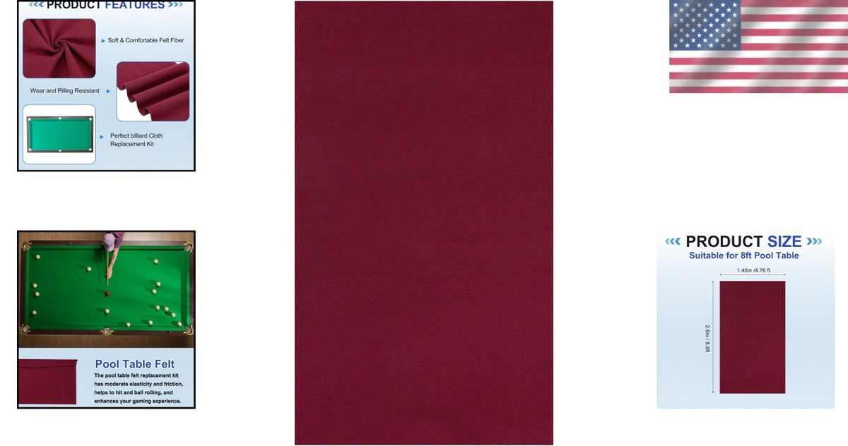 8ft Red Pool Table Felt Replacement Kit for Indoor Use