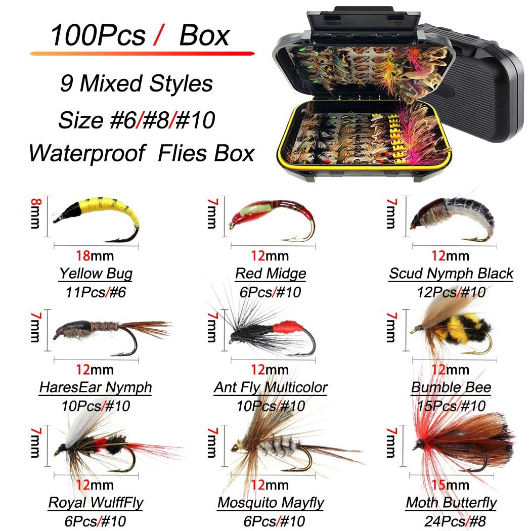 Wet Dry Nymph Fly Fishing Lure Set for Trout & Panfish - Multiple Sizes & Styles