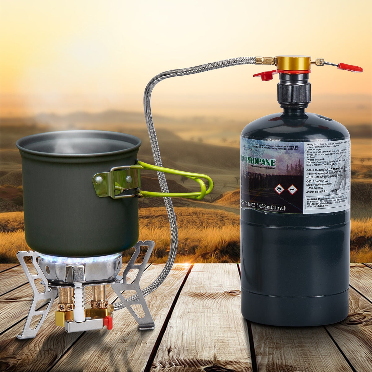 6800W Windproof Camping Gas Stove Kit with 1 LB Propane Tank Adapter