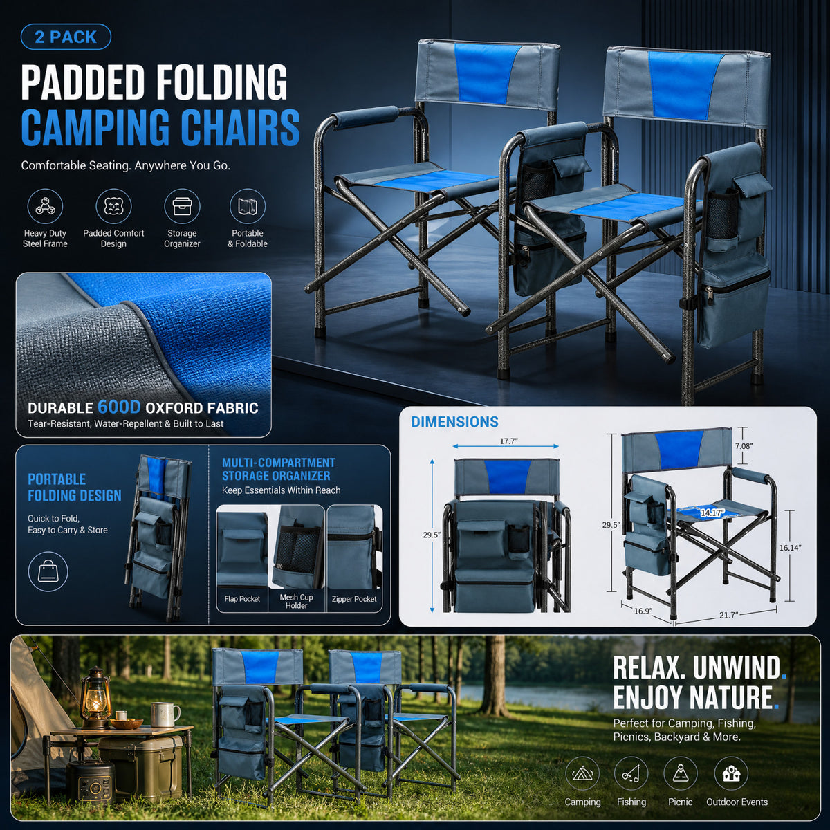 2 Pack Padded Folding Camping Chairs with Storage Pockets - Blue & Gray