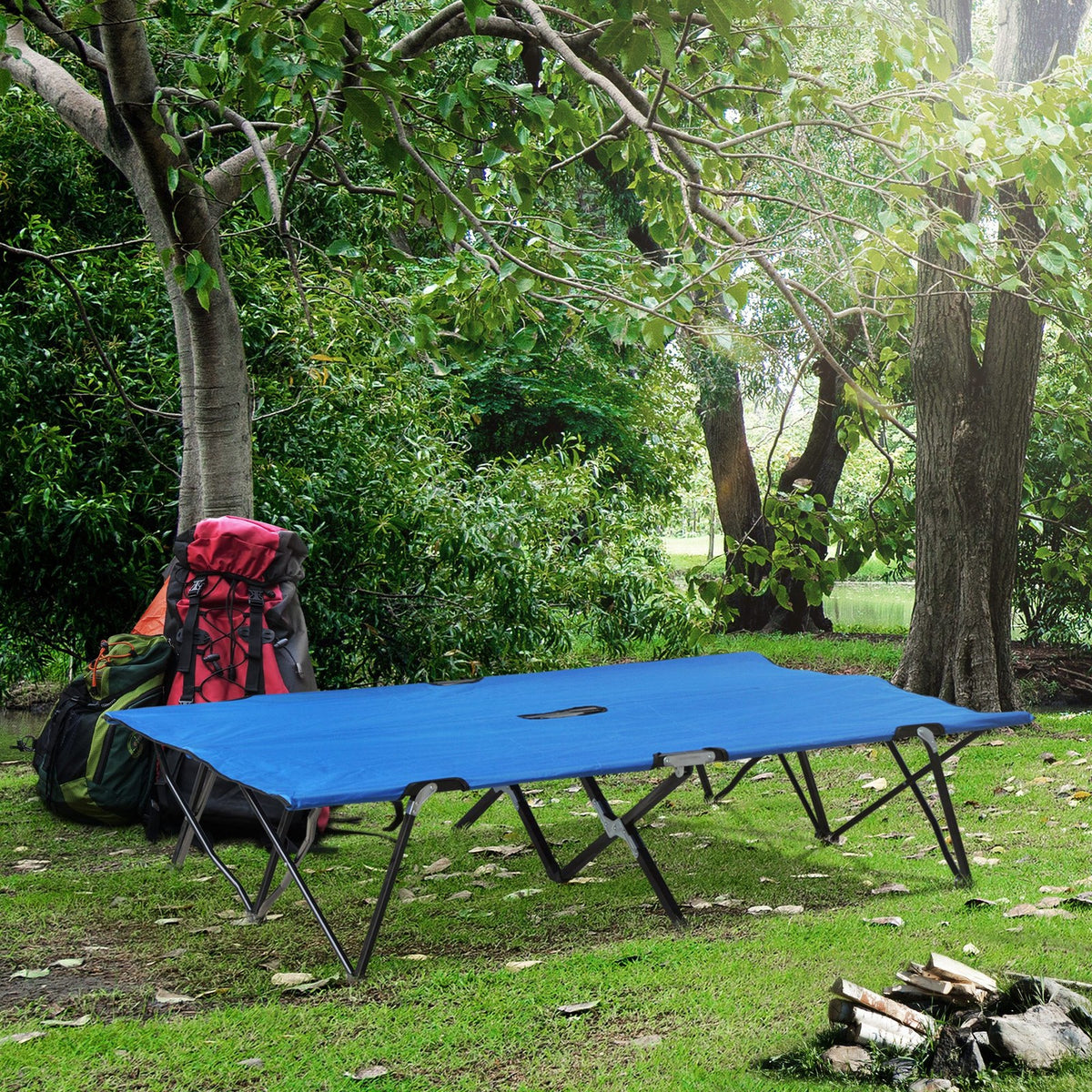 Two-Person Folding Camping Cot with Carry Bag Blue - Support Up to 300 lbs