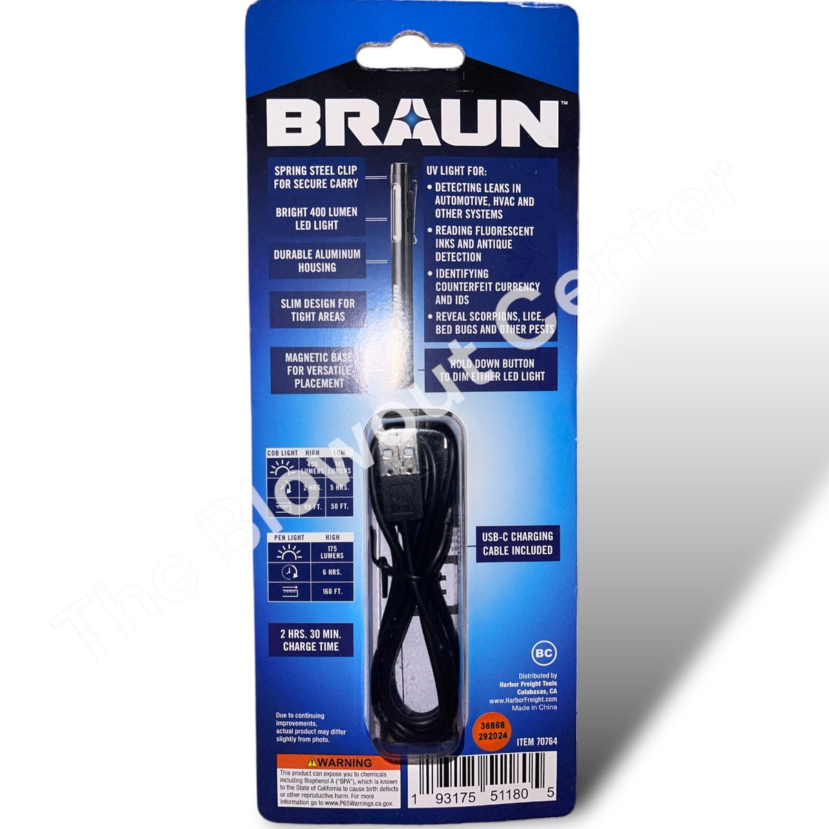 Rechargeable 3-in-1 Pen Light with UV and 400 Lumens - Braun