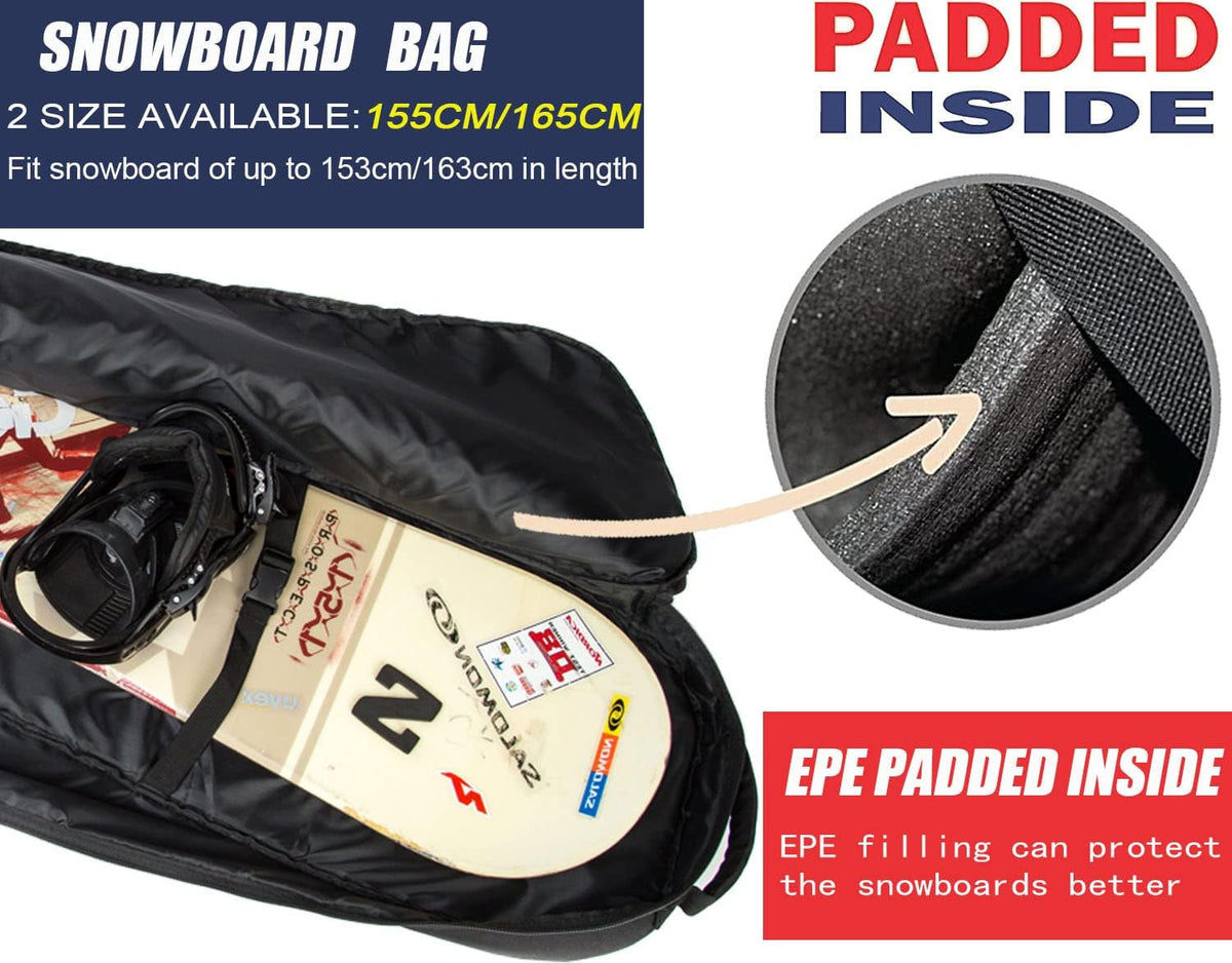 Padded Snowboard Bag for Air Travel - Fits up to 165cm with Wheels and Pockets