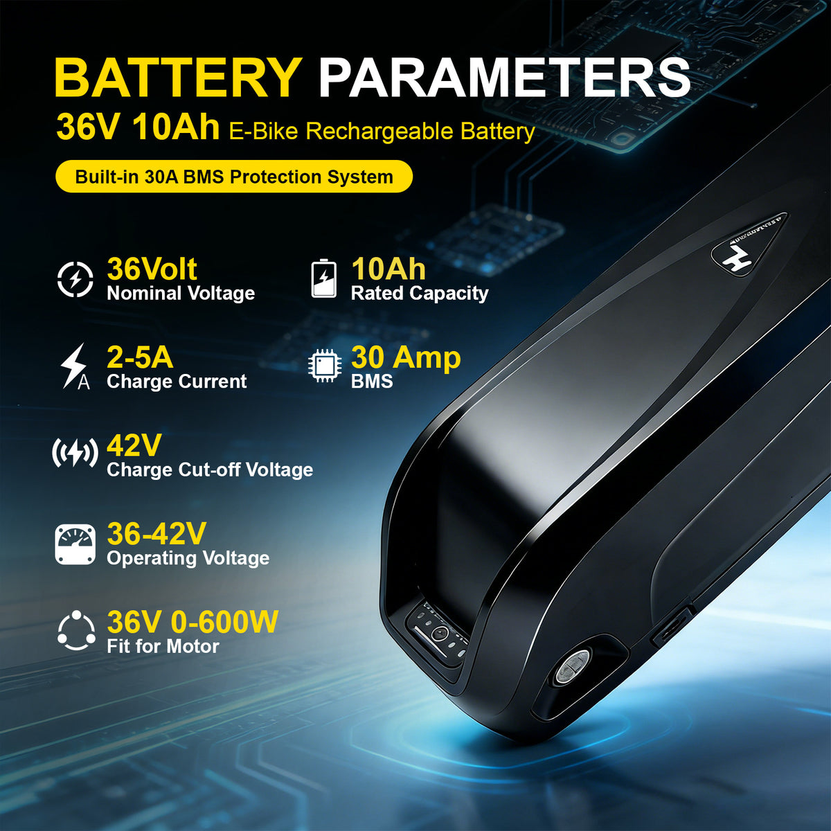 36V 10Ah Lithium Battery for E-Bikes 0-600W Motor with 30A BMS, Waterproof & Lockable