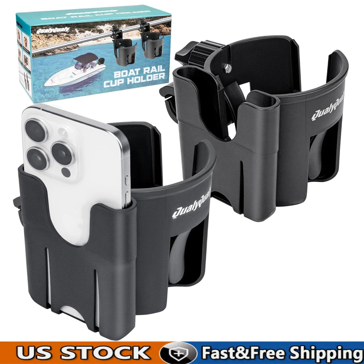 Marine Boat Rail Cup Holders 2 Pack Clamp-On 360° Adjustable Drink Holders