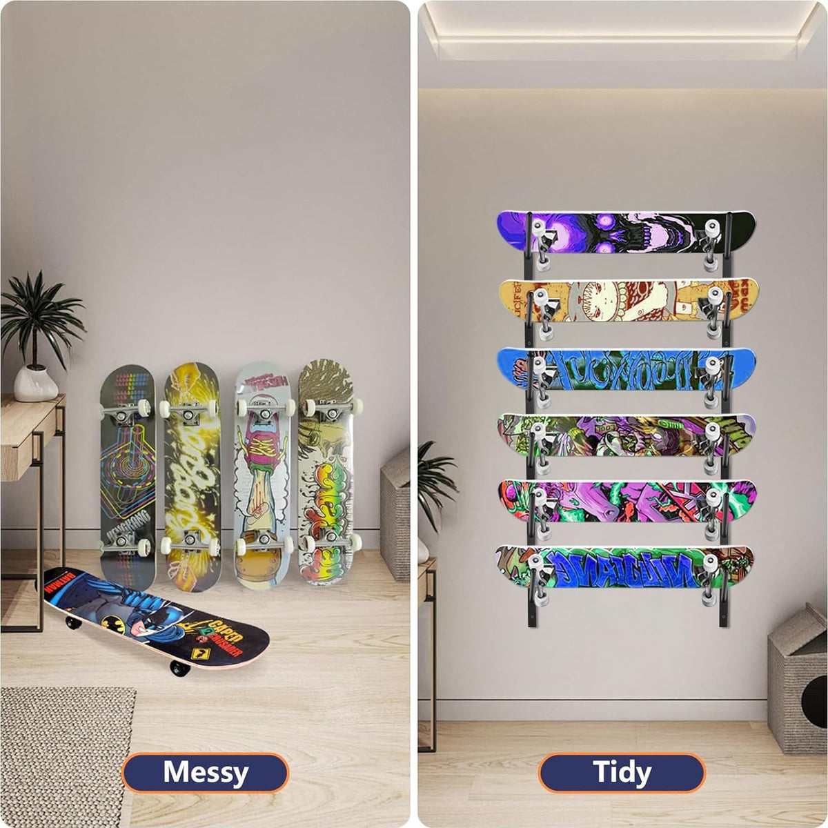 6-Tier Wall Mount Skateboard & Snowboard Rack Space-Saving Storage Organizer