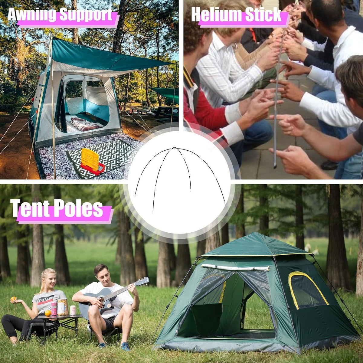 Fiberglass Tent Poles Replacement - Pre-Assembled Black 12Ft for Camping & Hiking