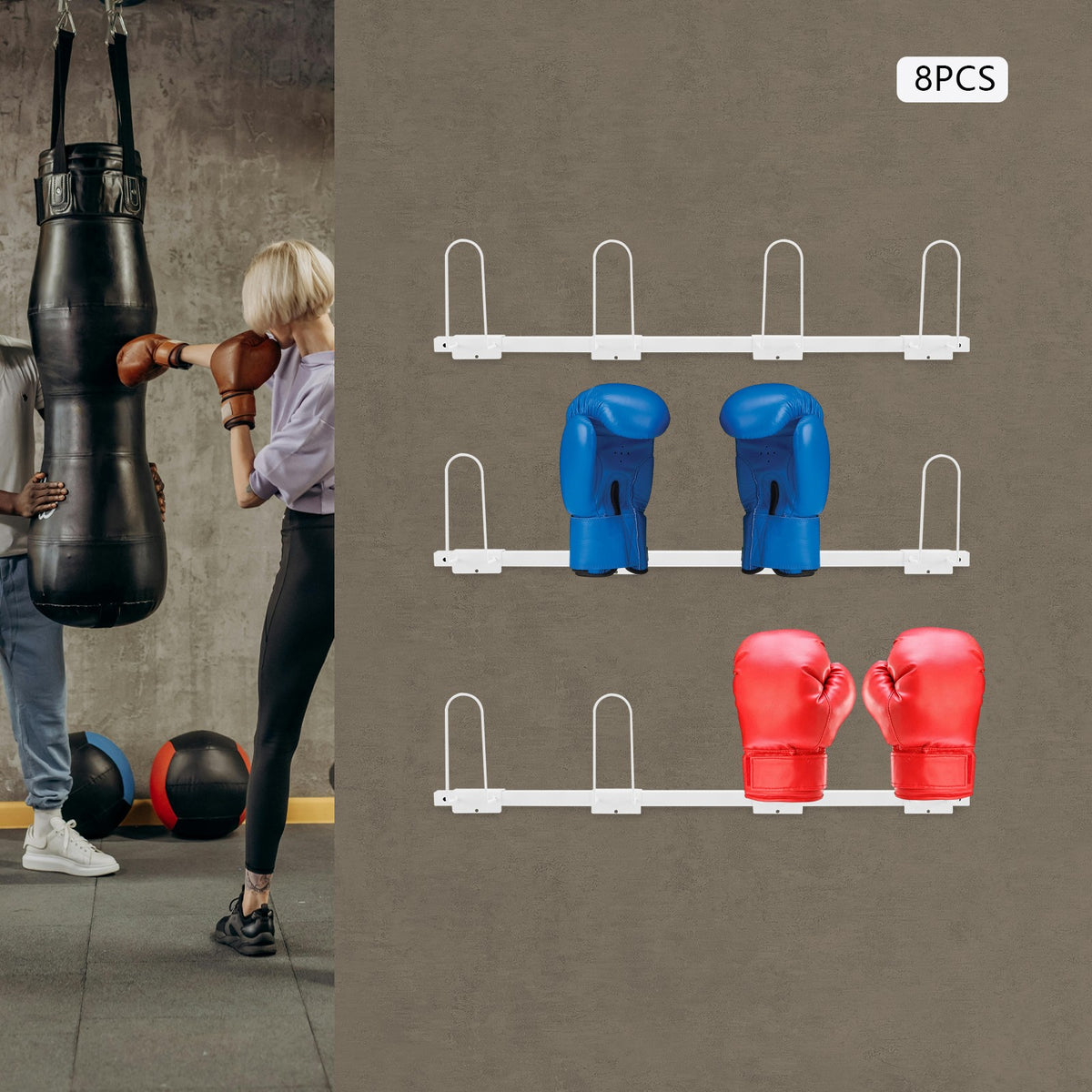 Wall-Mounted Boxing Glove Storage Rack with 8 Shelves & Hooks