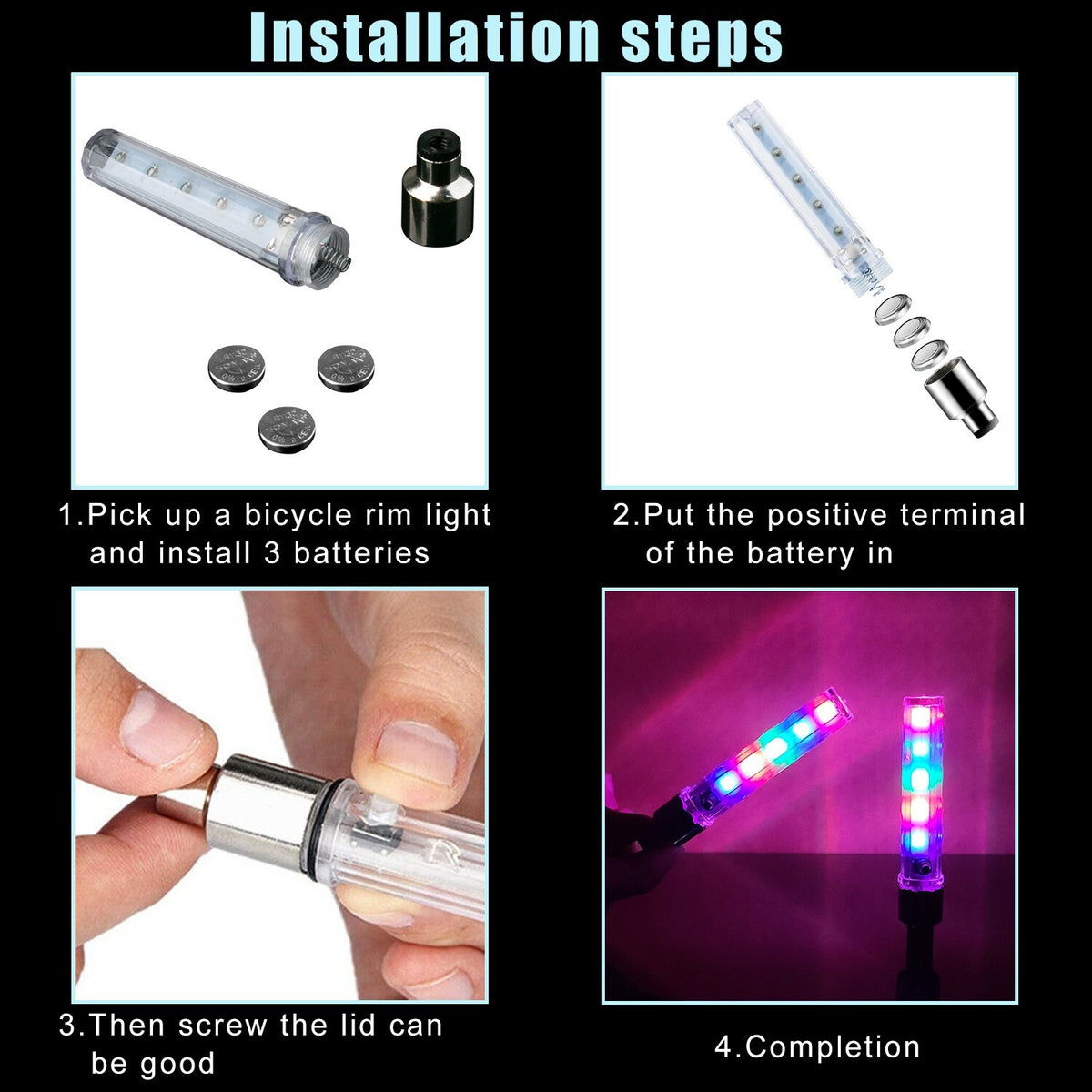 Waterproof LED Bicycle Rim Lights 2 Pack with 7 Modes for Wheel Valve