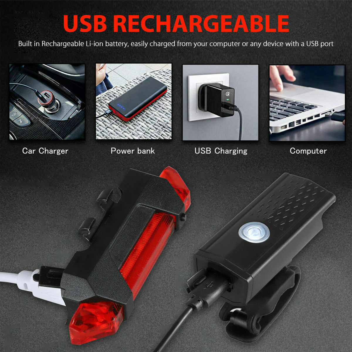 USB Rechargeable Bicycle Front and Rear LED Headlight Set - Waterproof Cycling Lights