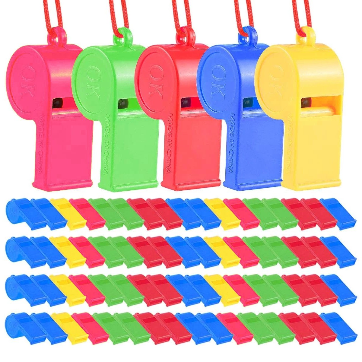 Bulk Plastic Sports Whistles with Lanyard - 72 Pack Loud Safety Noisemakers