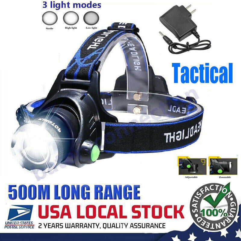 Rechargeable LED Headlamp with Zoom Focus and 2 Chargers - Tactical Headlight