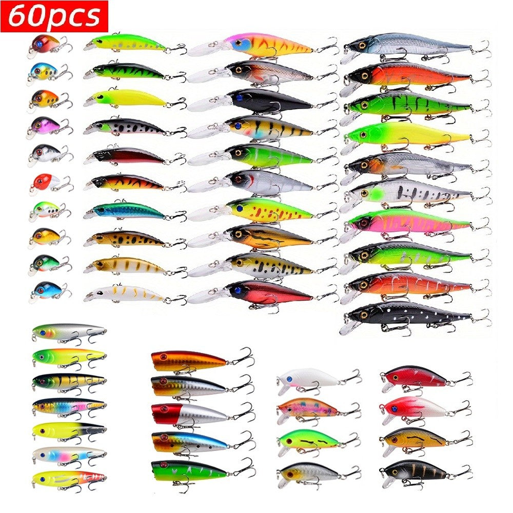 60pcs Minnow Popper Crankbait Fishing Lures Kit Artificial Hard Baits