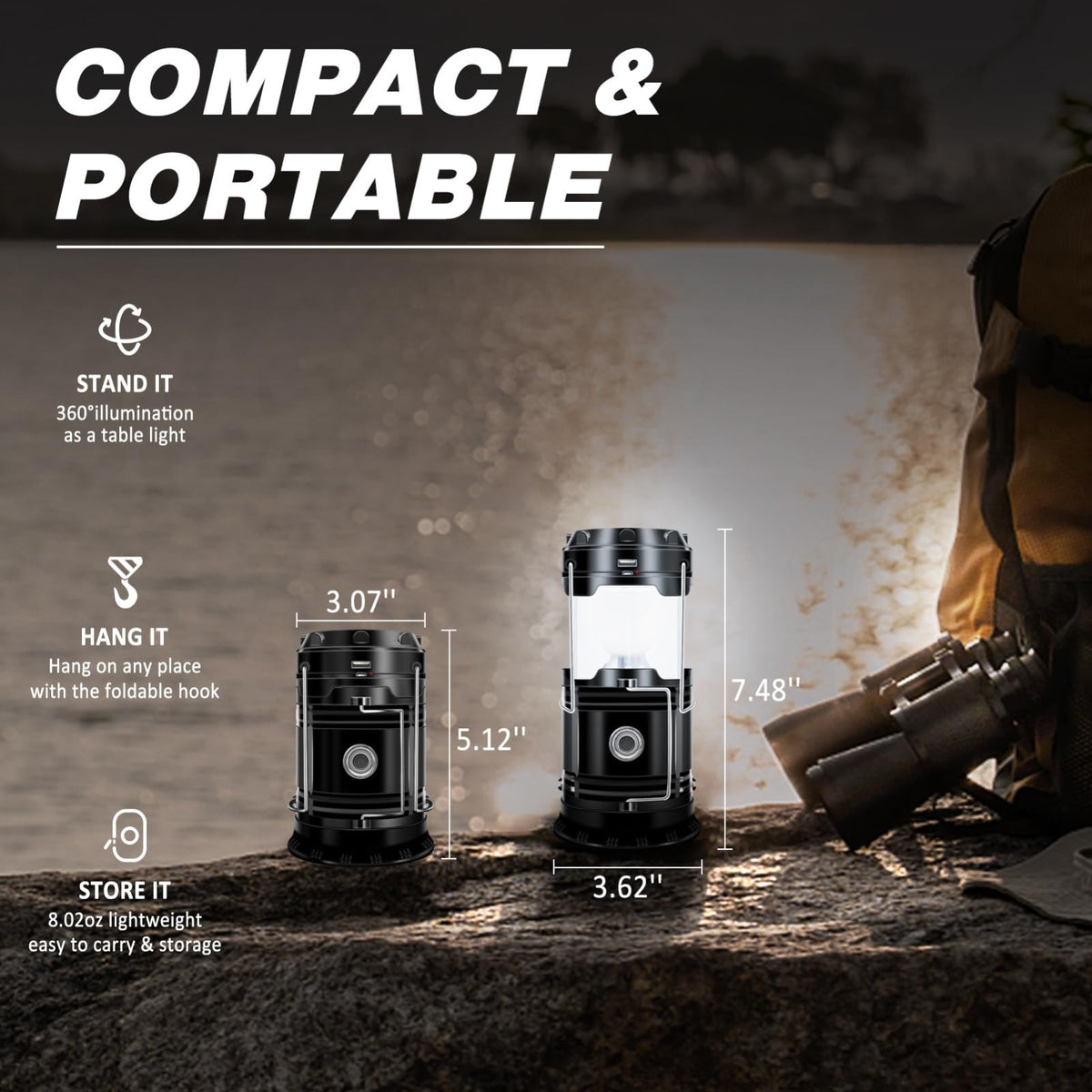 Rechargeable Solar Camping Lantern & Flashlight - Collapsible Waterproof LED Light for Outdoor & Emergency Use