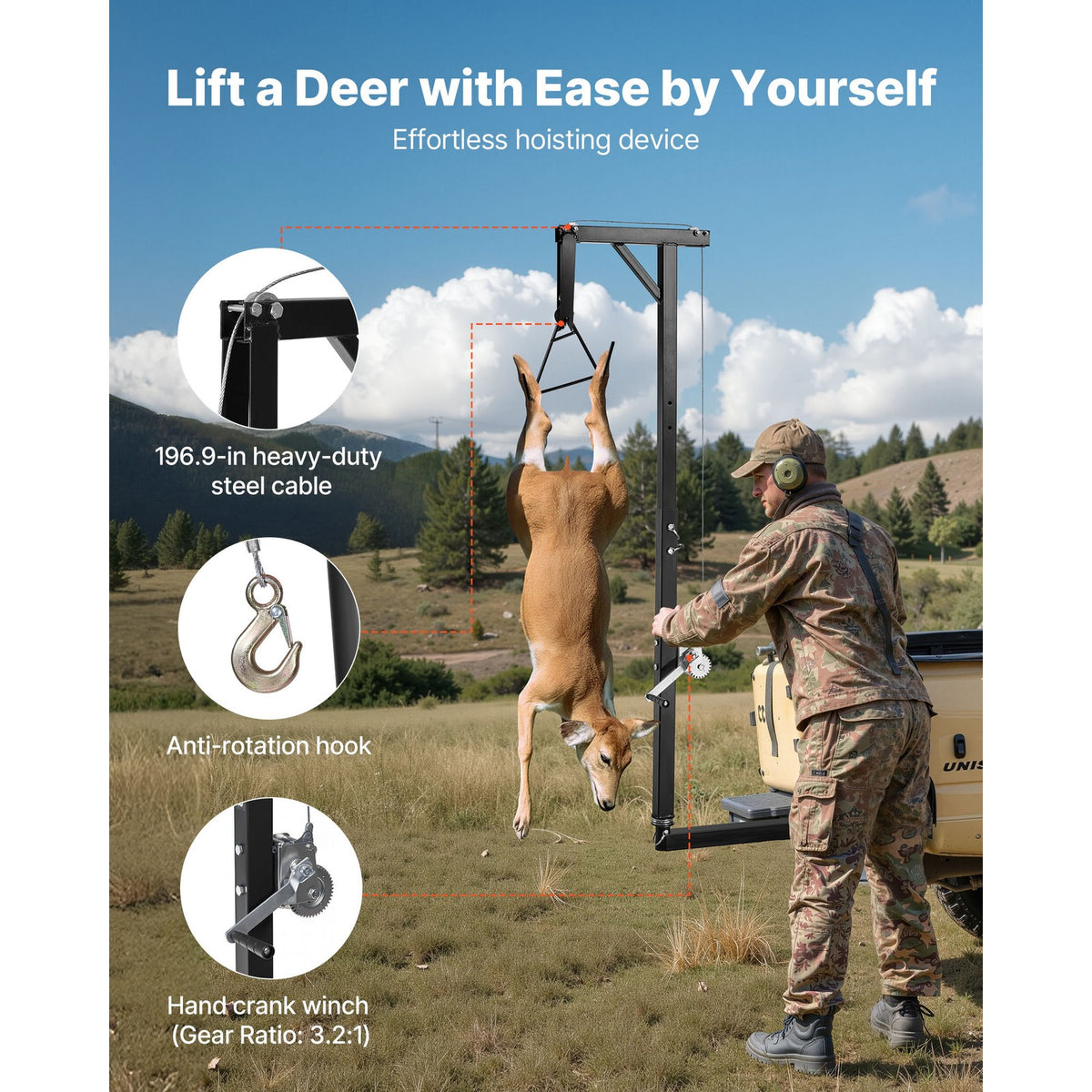 Heavy Duty Truck Hitch Game Hoist 300 lbs Deer Lift with 2-inch Receiver