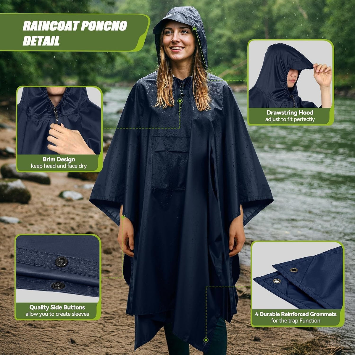Adult Waterproof Rain Poncho with Hood and Pocket - Reusable Lightweight Outdoor Gear