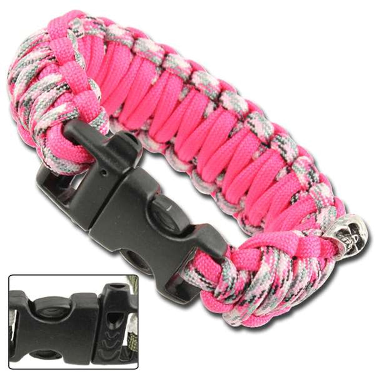 Survival Paracord Bracelet with Whistle - Double Pink, 550lbs Test