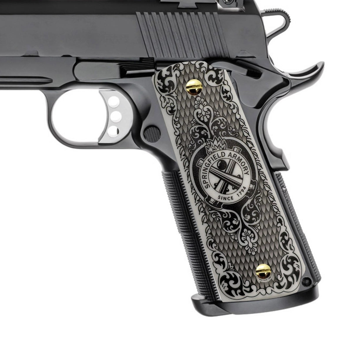 1911 Pistol Grips White Pearl Polymer with Springfield Logo - Custom Full Size Fit