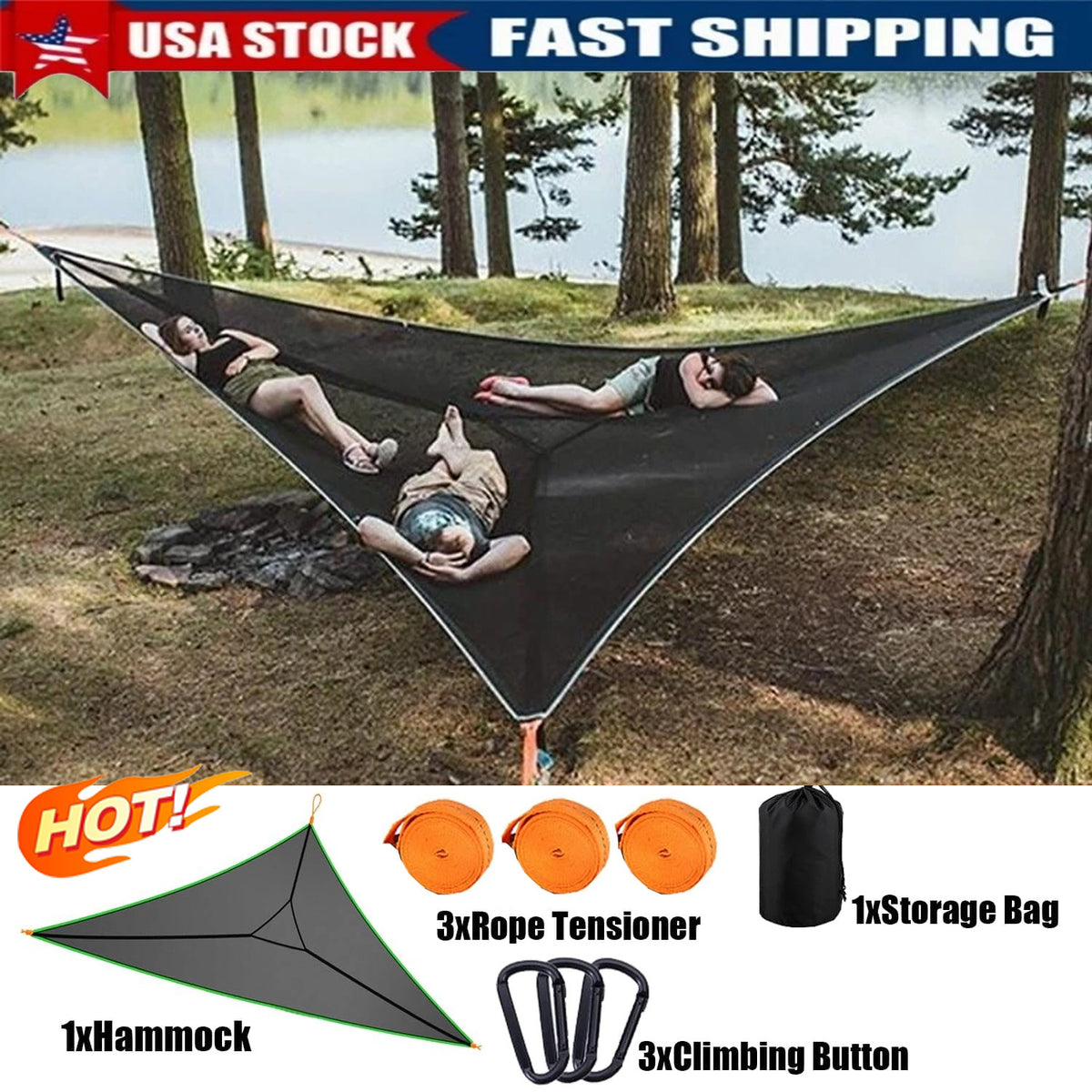 Heavy-Duty Multi-Person Triangle Hammock with Portable Straps & Storage Bag
