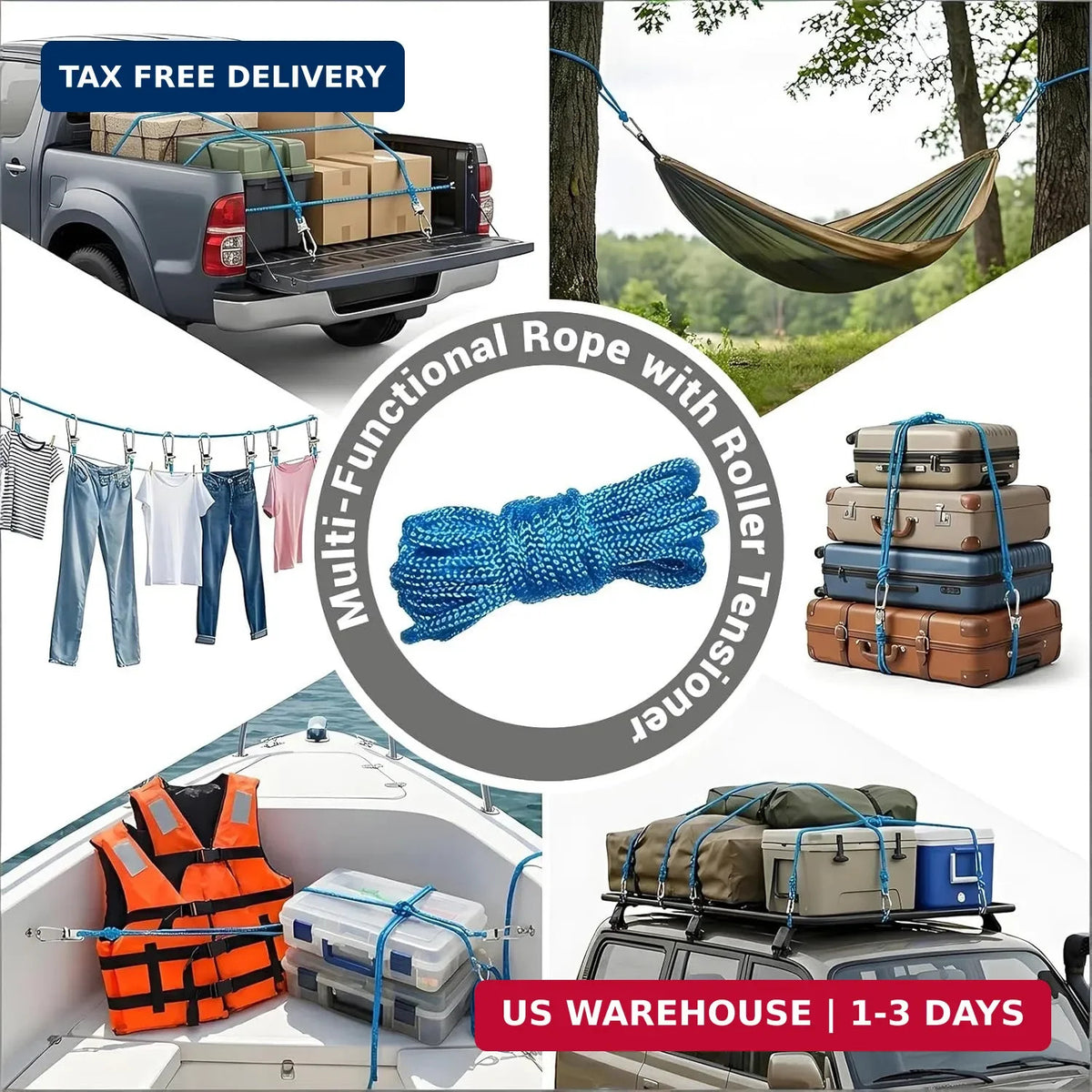 Heavy Duty Rope with Roller Tensioner Set - Secure Tie-Downs for Camping & Boating