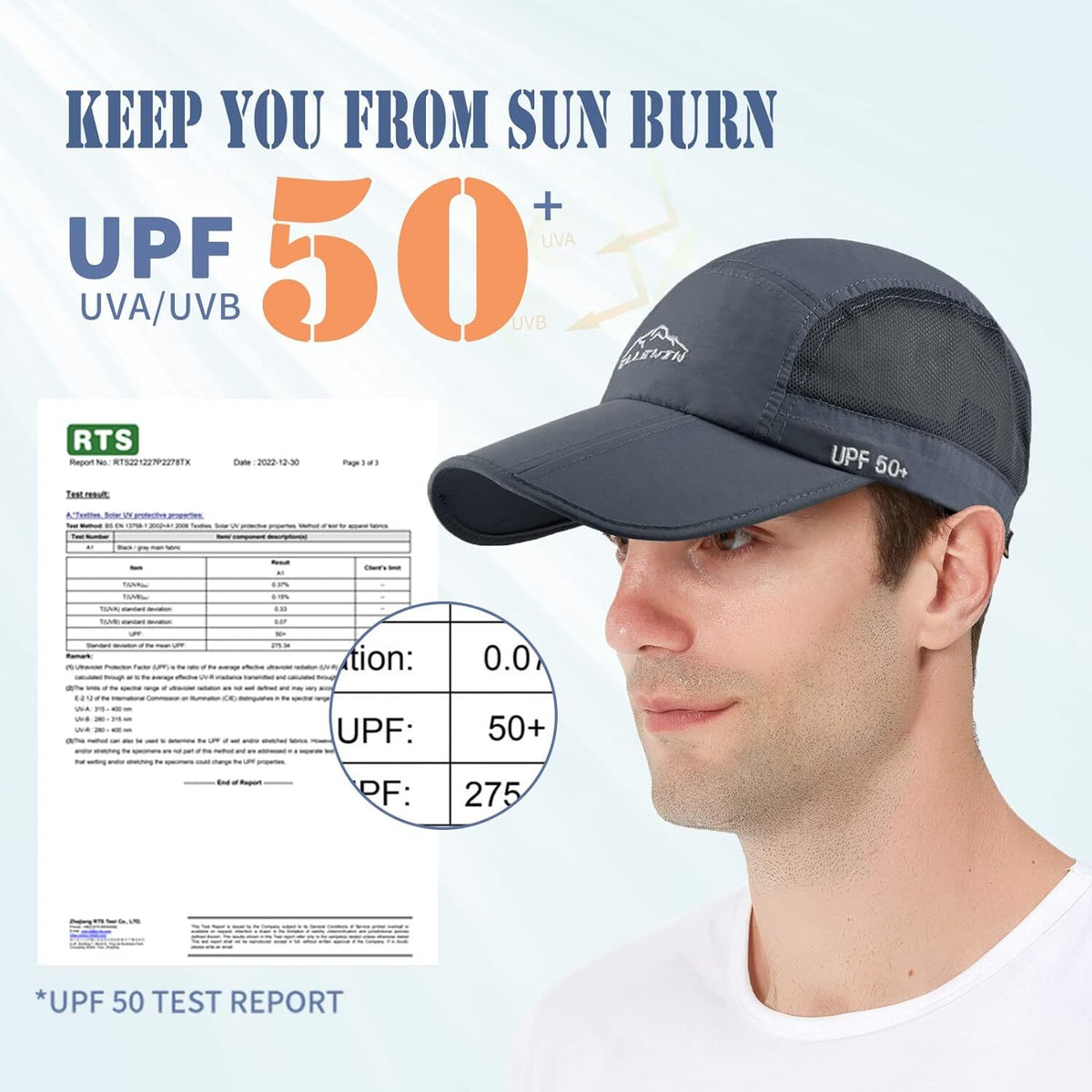 Unisex Baseball Cap UPF 50 Foldable Long Grey Sun Hat